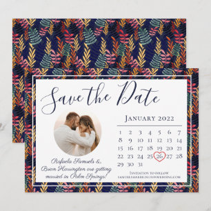 Eleganter Navy Tropischer Blatt Strand Hochzeitska Save The Date
