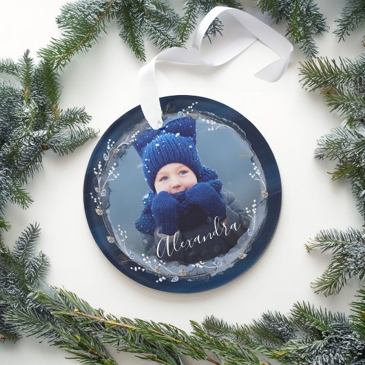 Eleganter Navy Wasserfarben Tinte & Jewels Foto Wr Ornament