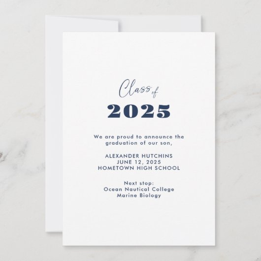 Eleganter Navy White Foto Frame 2025 Abschluss Ankündigung (Rückseite)