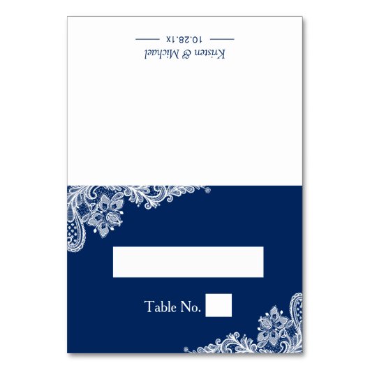 Eleganter Navy White Lace Wedding Place Tischnummer (Vorderseite)