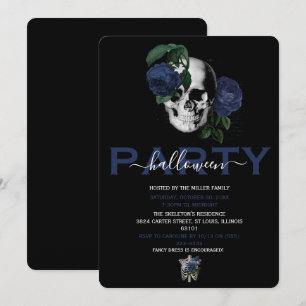Eleganter Navyblauer Blumenschädel Halloween-Party Einladung