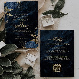 Eleganter Navyblauer Goldener Floraler QR-Code Hoc Einladung