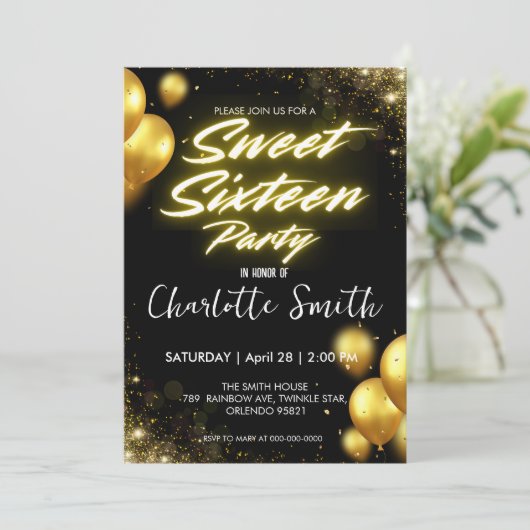 Eleganter Neon Gold Balloo Retro Sweet 16. Geburts Einladung (Stehend Vorderseite)