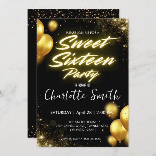 Eleganter Neon Gold Balloo Retro Sweet 16. Geburts Einladung (Vorne/Hinten)