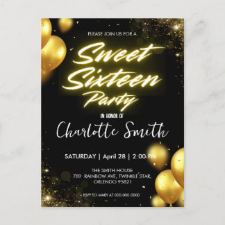 Eleganter Neon Gold Balloo Retro Sweet 16. Geburts Postkarte