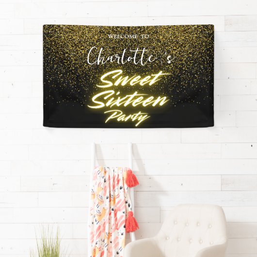 Eleganter Neon Gold Black Retro Sweet 16. Geburtst Banner (Insitu)