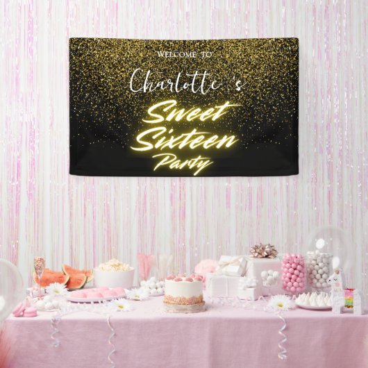 Eleganter Neon Gold Black Retro Sweet 16. Geburtst Banner (Party)