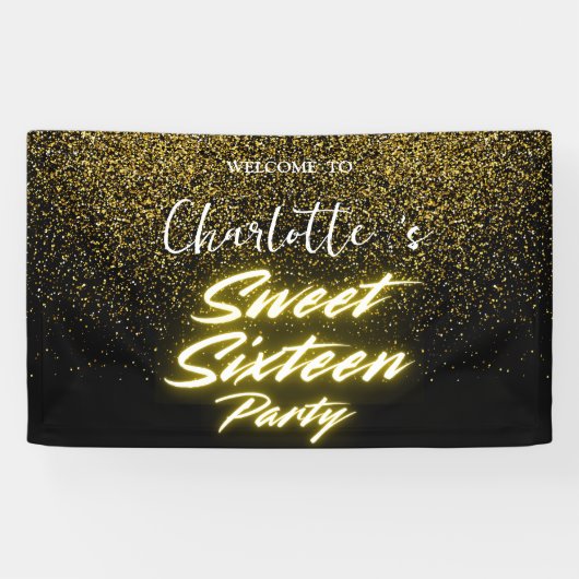 Eleganter Neon Gold Black Retro Sweet 16. Geburtst Banner (Horizontal)