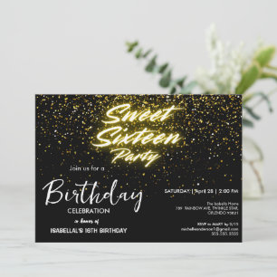 Eleganter Neon Gold Black Retro Sweet 16. Geburtst Einladung