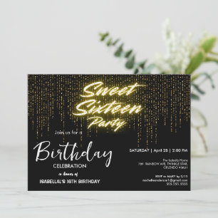 Eleganter Neon Gold Black Retro Sweet 16. Geburtst Einladung