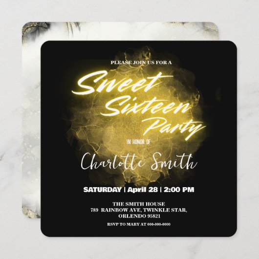 Eleganter Neon Gold rosa Marmor Sweet 16. Geburtst Dankeskarte (Vorne/Hinten)
