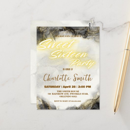Eleganter Neon Gold rosa Marmor Sweet 16. Geburtst Postkarte (Vorderseite/Rückseite Beispiel)