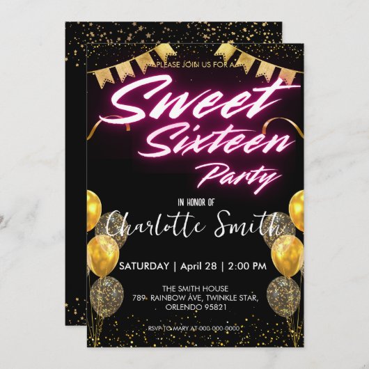 Eleganter Neon Gold rosa Retro Sweet 16. Geburtsta Einladung (Vorne/Hinten)