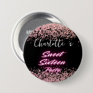 Eleganter Neon Pink Black Retro Sweet 16. Geburtst Button