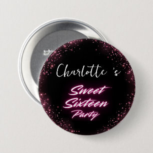 Eleganter Neon Pink Black Retro Sweet 16. Geburtst Button