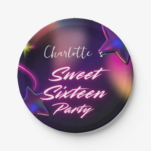 Eleganter Neon Pink Black Retro Sweet 16. Geburtst Pappteller (Vorderseite)