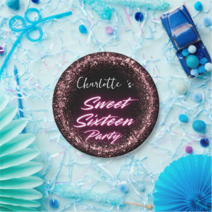 Eleganter Neon Pink Black Retro Sweet 16. Geburtst Pappteller