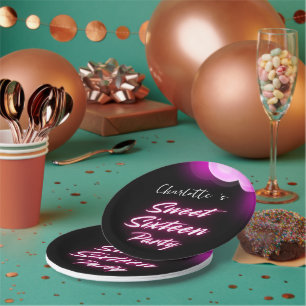 Eleganter Neon Pink Black Retro Sweet 16. Geburtst Pappteller