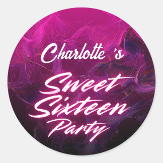 Eleganter Neon Pink Black Retro Sweet 16. Geburtst Runder Aufkleber
