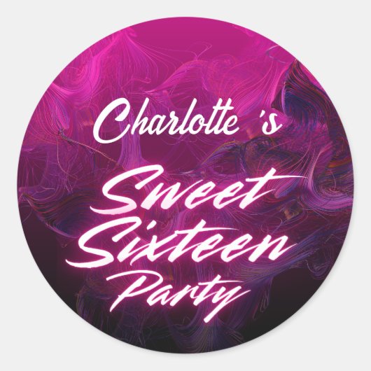 Eleganter Neon Pink Black Retro Sweet 16. Geburtst Runder Aufkleber (Vorderseite)