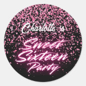 Eleganter Neon Pink Black Retro Sweet 16. Geburtst Runder Aufkleber (Vorderseite)