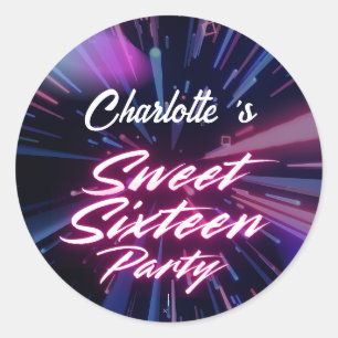 Eleganter Neon Pink Black Retro Sweet 16. Geburtst Runder Aufkleber