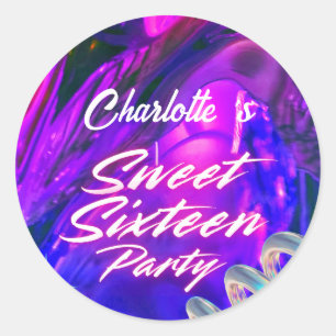 Eleganter Neon Pink Black Retro Sweet 16. Geburtst Runder Aufkleber