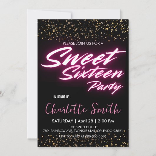 Eleganter Neon Rosa Retro Gold Sweet 16. Geburtsta Einladung (Vorderseite)