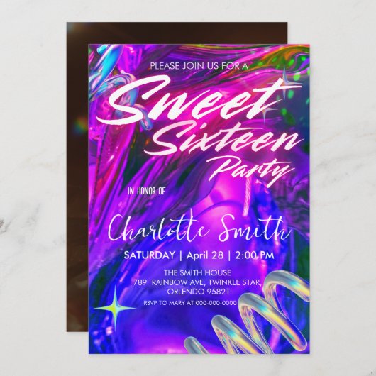 Eleganter Neon Rosa Retro Gold Sweet 16. Geburtsta Einladung (Vorne/Hinten)