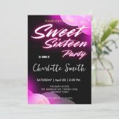 Eleganter Neon rosa Retro schwarz Sweet 16. Geburt Einladung (Stehend Vorderseite)