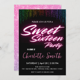 Eleganter Neon rosa Retro schwarz Sweet 16. Geburt Einladung