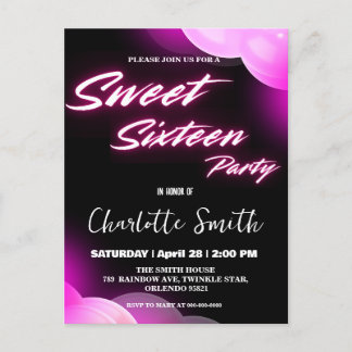 Eleganter Neon rosa Retro schwarz Sweet 16. Geburt Postkarte