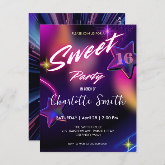 Eleganter Neon rosa Retro schwarz Sweet 16. Geburt Postkarte (Vorne/Hinten)