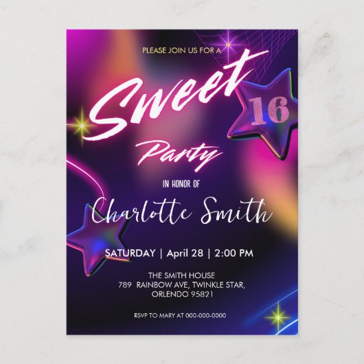 Eleganter Neon rosa Retro schwarz Sweet 16. Geburt Postkarte (Vorderseite)