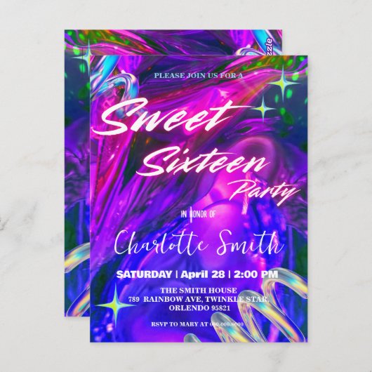 Eleganter Neon rosa Retro schwarz Sweet 16. Geburt Postkarte (Vorne/Hinten)