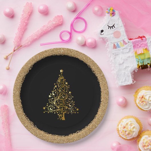 Eleganter New Years Black Gold Glitzer Pappteller (Party)
