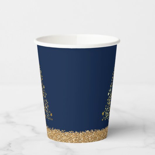 Eleganter New Years Blue Gold Glitzer Pappbecher (Links)