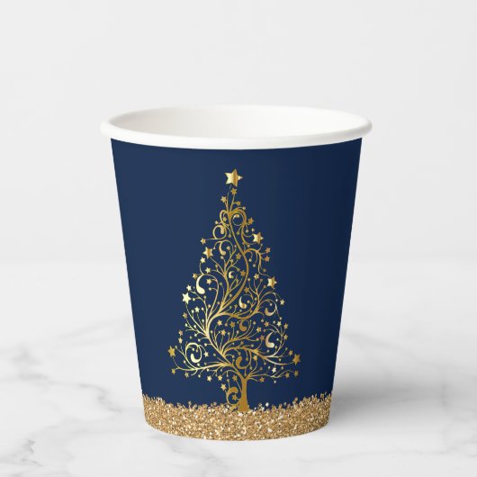 Eleganter New Years Blue Gold Glitzer Pappbecher (Vorderseite)