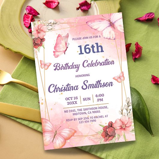 Eleganter niedlich rosa Blütenschmetterling 16. Ge Einladung