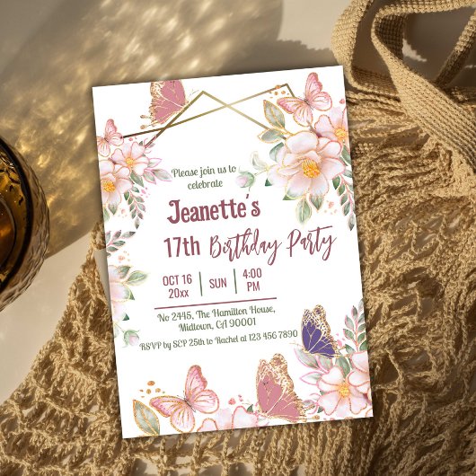Eleganter niedlich rosa Blütenschmetterling 17. Ge Einladung