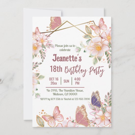 Eleganter niedlich rosa Blütenschmetterling 18. Ge Einladung (Vorderseite)
