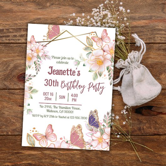 Eleganter niedlich rosa Blütenschmetterling 30. Ge Einladung