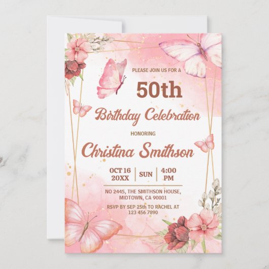Eleganter niedlich rosa Blütenschmetterling 50. Ge Einladung (Vorderseite)