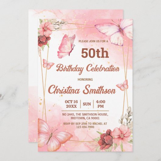 Eleganter niedlich rosa Blütenschmetterling 50. Ge Einladung (Vorne/Hinten)