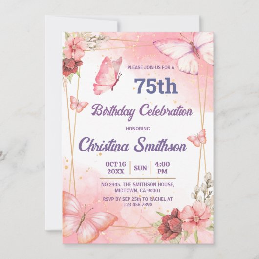 Eleganter niedlich rosa Blütenschmetterling 75. Ge Einladung (Vorderseite)