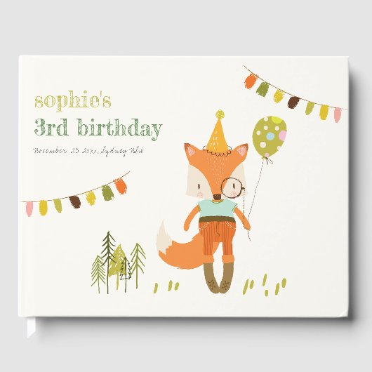 Eleganter Niedlicher Woodland Fun Party Fox Kinder Gästebuch (Vorderseite)