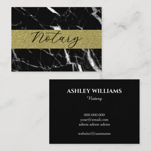 Eleganter Notar-Script-Glitzer aus schwarzem Marmo Visitenkarte (Vorne/Hinten)