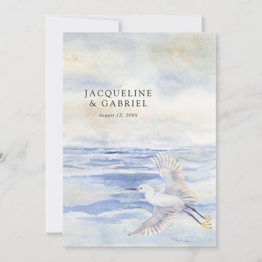 Eleganter Ocean Beach Coastal Crane Blau und Weiß Einladung (Rückseite)