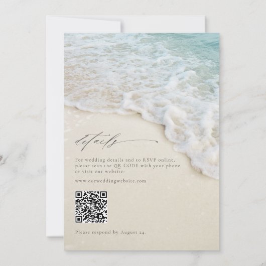 Eleganter Ocean Beach QR Code in einer Hochzeit Einladung (Rückseite)