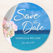 Eleganter Ocean Beach Summer Save the Date Runder Pappuntersetzer (Vorderseite)